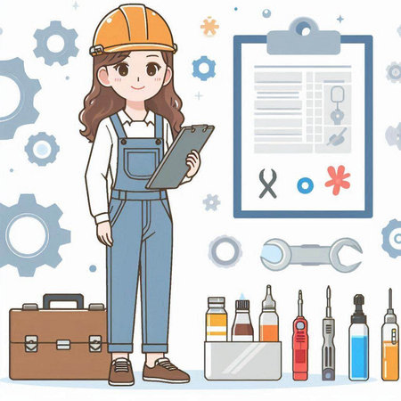 Female construction worker with clipboard and tools in the background, vector illustrationのイラスト素材