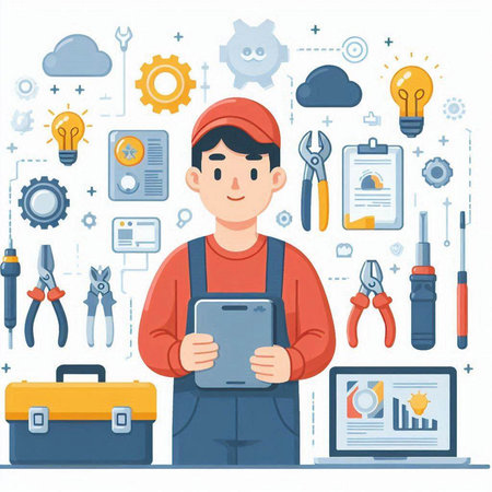 Repairman with tablet. Repairman with tools. Vector illustrationのイラスト素材