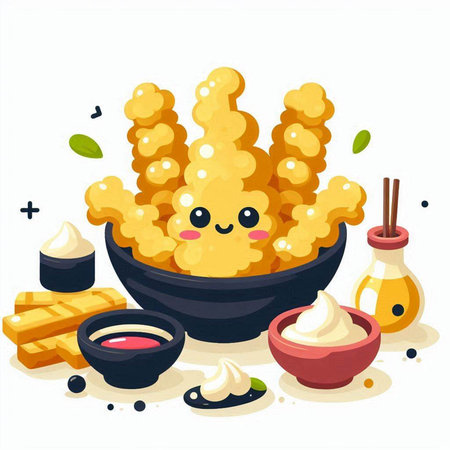 Cute cartoon kawaii fried breadcrumbs with sauce. Vector illustration.のイラスト素材