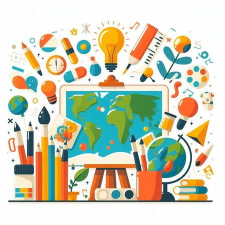 Back to school concept with globe, books, pencils, globe and other supplies. Vector illustrationのイラスト素材