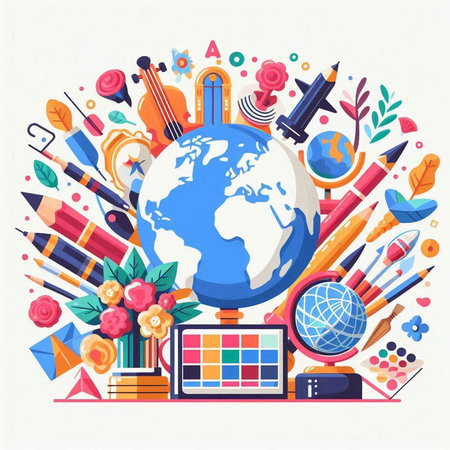 Back to school flat vector illustration. Globe, globe, books, pencils and other school supplies.のイラスト素材