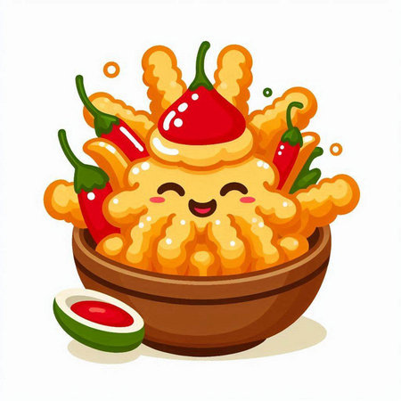 Cute kawaii fried jalapeno in bowl. Vector illustrationのイラスト素材