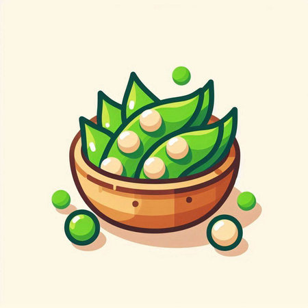 Green peas in a wooden bowl. Vector illustration isolated on white background.のイラスト素材