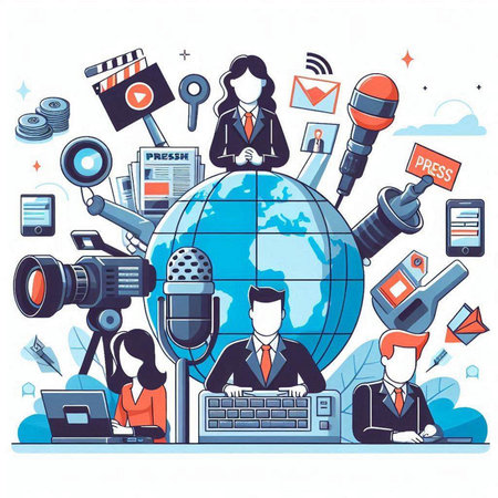 Journalist concept. Vector illustration of journalist, journalist, television host, radio host, cameraman, journalist, reporter, news presenter.のイラスト素材