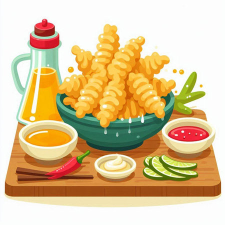 Illustration of a bowl of deep fried french fries with sauces and condimentsのイラスト素材