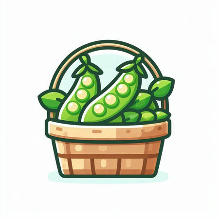 Basket with fresh green peas. Vector illustration in cartoon style.のイラスト素材