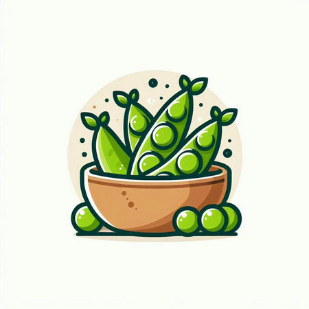 Green peas in a bowl. Vector illustration in flat style. Isolated on white background.のイラスト素材