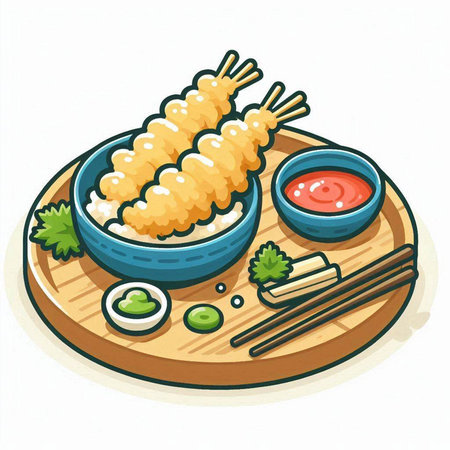 Illustration of a bowl of fried shrimps with sauce and chopsticksのイラスト素材