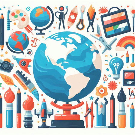 Back to school background with globe, pencils, rocket, globe and other school supplies. Vector illustration.のイラスト素材