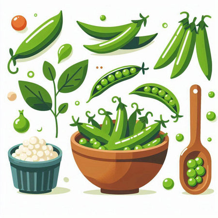 Green peas in a bowl and in a wooden spoon. Vector illustration.のイラスト素材