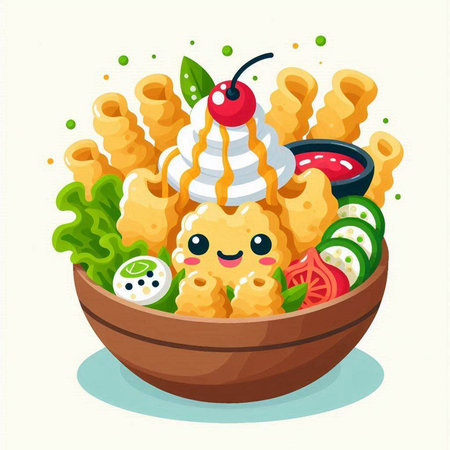 Cute cartoon fried deep-fried dough sticks in a bowl. Vector illustration.のイラスト素材