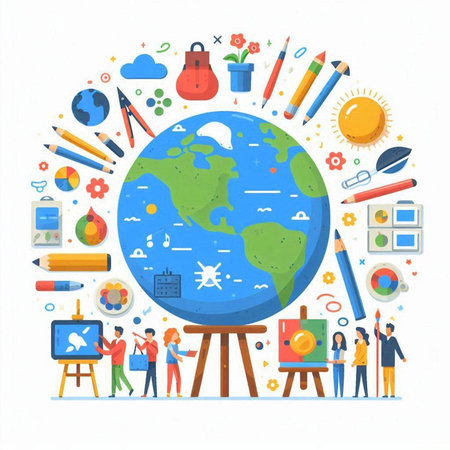 Back to school concept with teacher and students. Flat design vector illustration.のイラスト素材