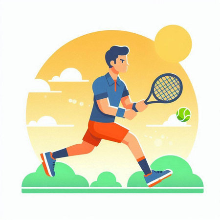 Tennis player in action. Vector illustration in flat cartoon style.のイラスト素材