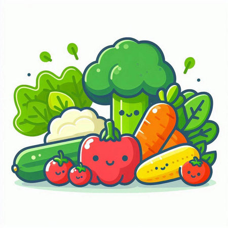 Illustration of Cute Cartoon Vegetables and Fruits - Vectorのイラスト素材