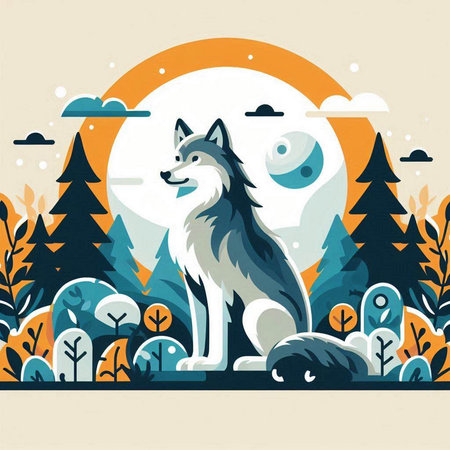 Vector illustration of a wolf in the forest with a moon and starsのイラスト素材