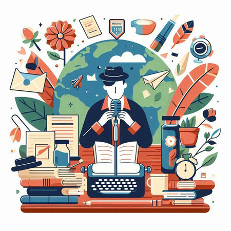 Vector illustration of a writer sitting at a desk with a typewriter.のイラスト素材