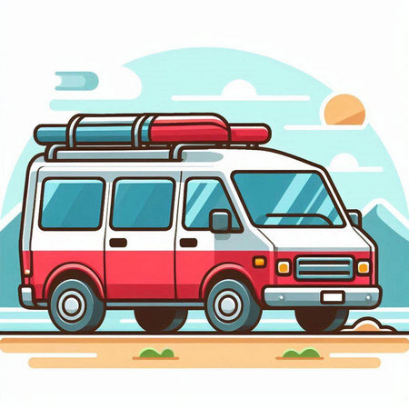 Camping van on the beach. Vector illustration in flat style.のイラスト素材