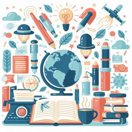 Vector flat design illustration of education and learning concept with globe, books, pencils, coffee cup, lamp and other elements.のイラスト素材