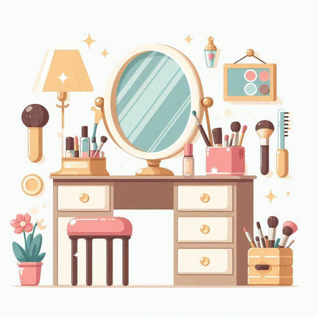 Vector illustration of a dressing table with makeup accessories and a mirror.のイラスト素材