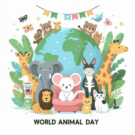 World Animal Day banner with cute cartoon animals. Vector illustration on white background.のイラスト素材