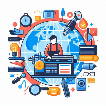 Vector illustration of a man working on a laptop. The concept of the Internet.のイラスト素材