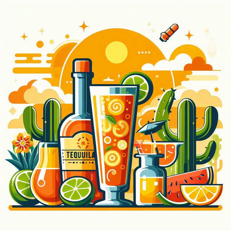 Cinco de mayo vector illustration with tequila, tequila, lime and cactusのイラスト素材