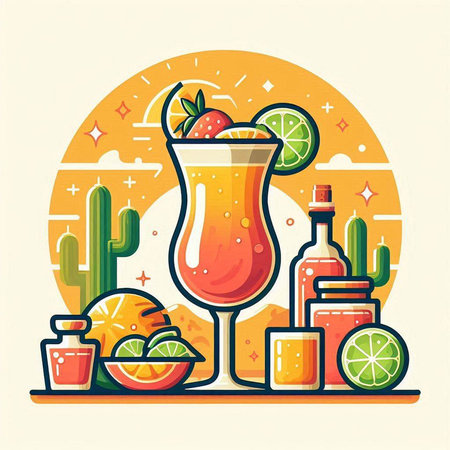 Cocktail with fruits and tequila. Vector illustration in flat styleのイラスト素材