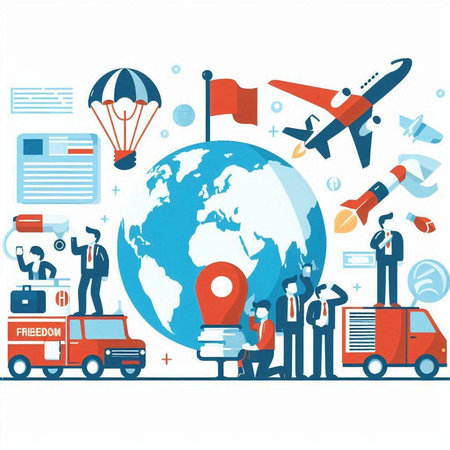 Vector illustration of people with world map, car, plane and iconsのイラスト素材