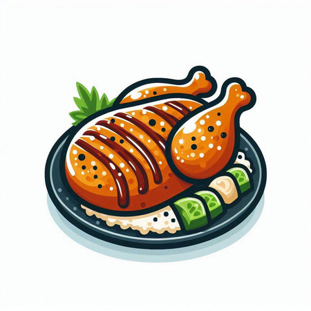 Vector illustration of a fried chicken with rice on a white background.のイラスト素材