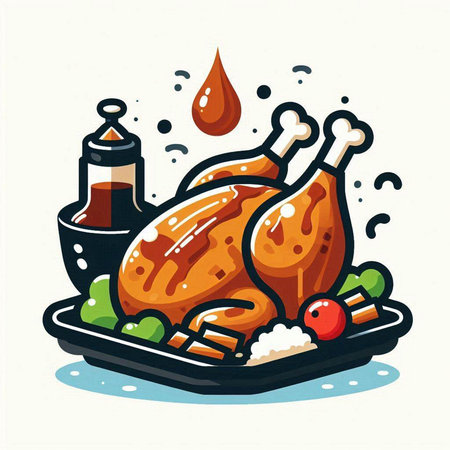 Roast chicken with spices and vegetables. Vector illustration in cartoon style.のイラスト素材