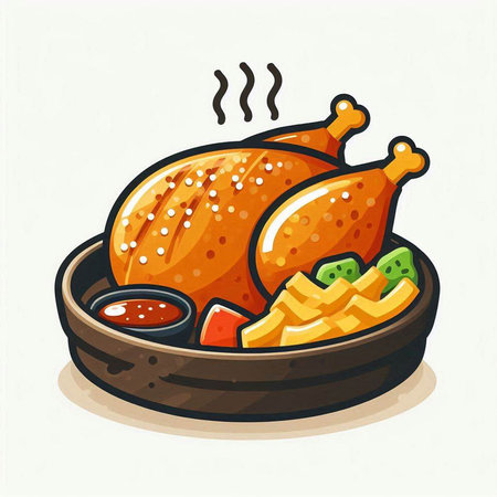 Roast chicken with sauce and french fries. Vector cartoon illustration.のイラスト素材