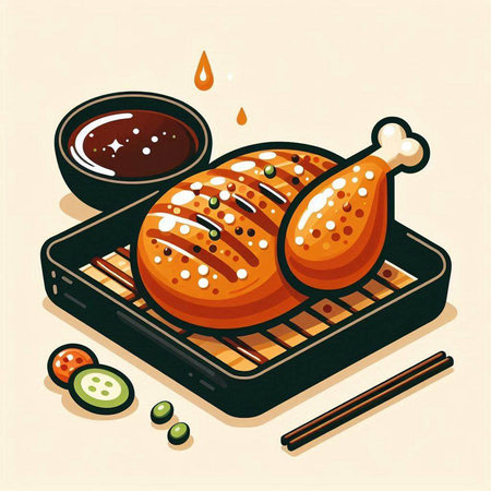 Illustration of a grilled chicken on a grill with soy sauce and chopsticksのイラスト素材