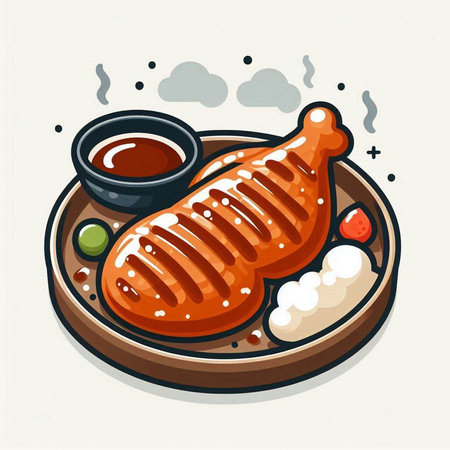 Illustration of a grilled chicken leg on a plate with soy sauceのイラスト素材