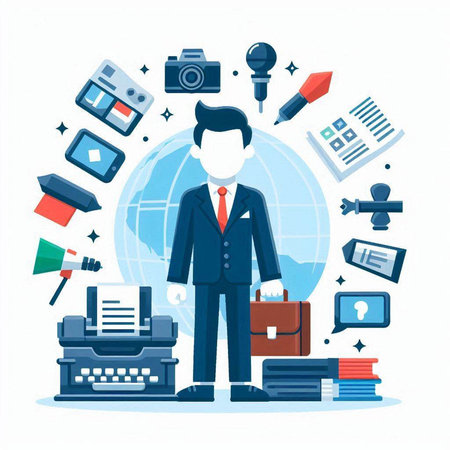 Journalism concept. Vector illustration in flat style. Businessman with typewriter, camera, microphone, books, lamp, briefcase and other items.のイラスト素材