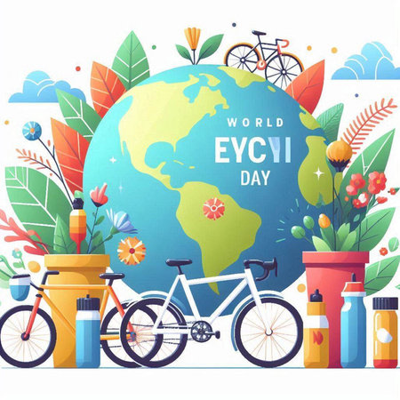 World environment day banner with bicycle, globe and flowers. Vector illustrationのイラスト素材