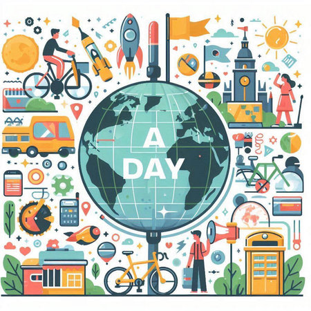 Vector flat illustration with world map and icons of travel around the world.のイラスト素材