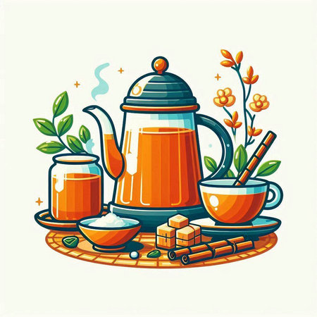 Vector illustration of tea set. Teapot, cup of tea, sugar cubes, honey and leaves.のイラスト素材