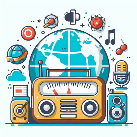Vector illustration of radio set in flat line style. Radio and world.のイラスト素材