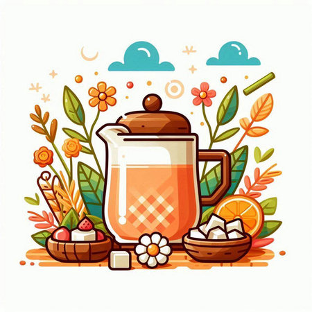 Vector illustration of a glass teapot with a cup of hot tea on a background of flowers and leaves.vector, icon, symbol, design, illustration, graphic, set, abstract, line, elementのイラスト素材