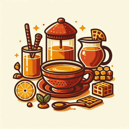 Vector illustration of a cup of tea with lemon, honey and cinnamon.のイラスト素材