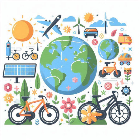 Ecology and zero waste concept. Vector flat design illustration of world globe, bicycle, solar panels, wind turbines, solar cell, wind turbine, sunflower, flowers.のイラスト素材