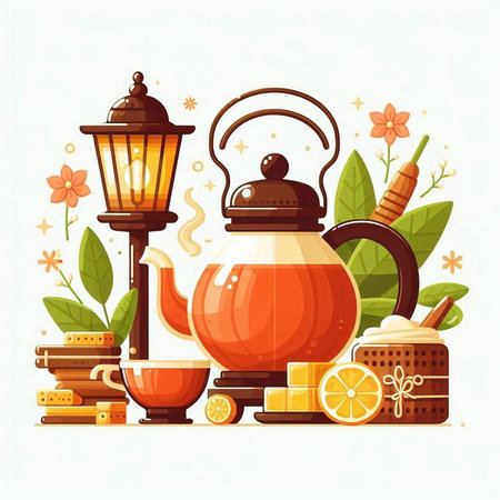 Vector illustration of tea composition. Tea ceremony, hot drink, teapot, cup, candle, books, cinnamon, lemon, tea leaves.のイラスト素材
