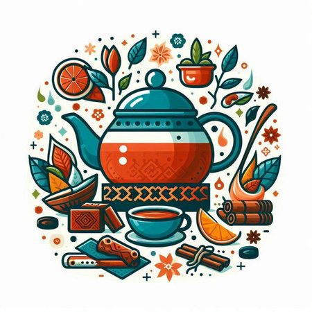 Tea time. Vector illustration with teapot, cups, spices and fruits.のイラスト素材