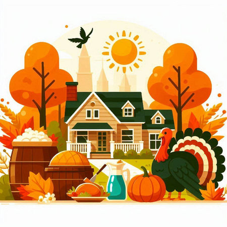 Thanksgiving day vector illustration. Autumn rural landscape with country house, pumpkins and turkey.のイラスト素材