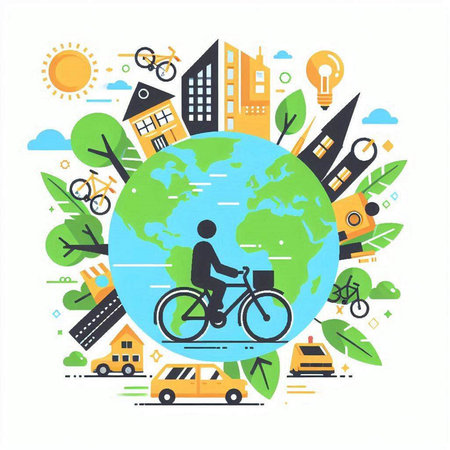 Vector illustration of a man riding a bicycle around the world. Ecological concept.のイラスト素材