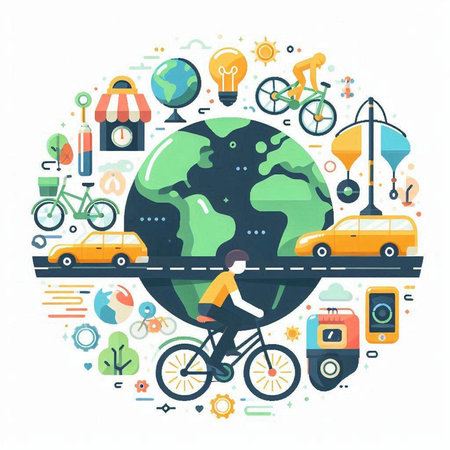 Vector illustration of a man riding a bicycle around the globe on a white backgroundのイラスト素材
