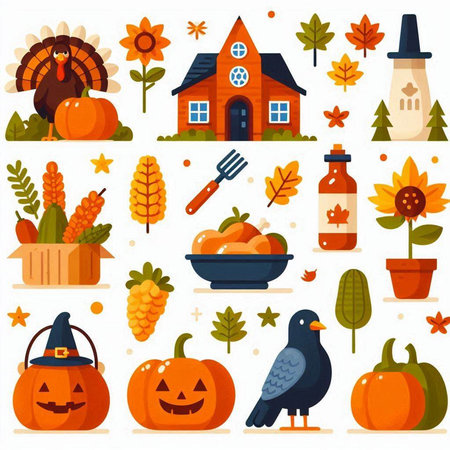 Thanksgiving flat icons set with pumpkins and autumn leaves isolated vector illustrationのイラスト素材
