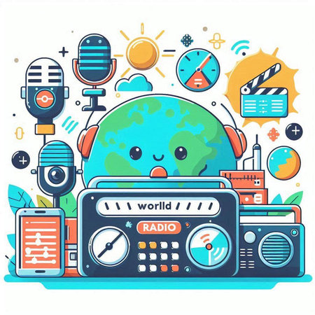 Vector illustration of World Radio Day with cute cartoon kawaii planet earth character.のイラスト素材