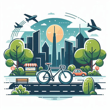 City landscape with bicycle and trees. Vector illustration in flat style.のイラスト素材