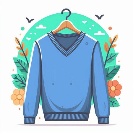 Blue sweater on hanger with floral elements. Vector illustration in cartoon styleのイラスト素材